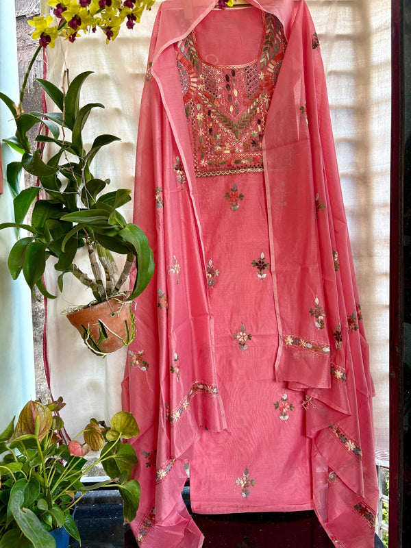 Hand Embroidered 3 Pc Unstitched Set in Cotton Chanderi