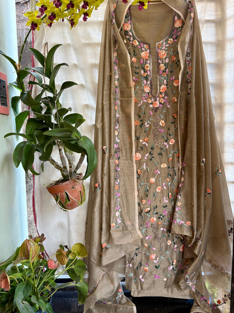 Hand Embroidered 3 Pc Unstitched Set in Cotton Chanderi