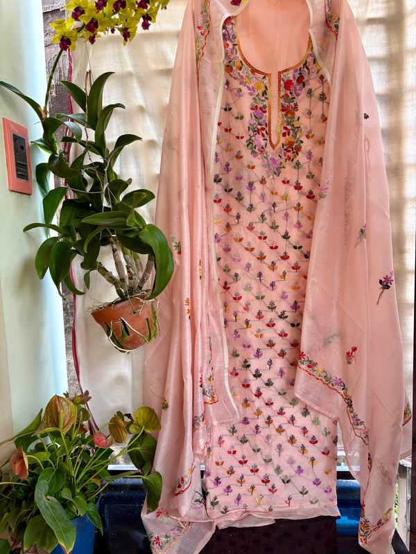 Hand Embroidered 3 Pc Unstitched Set in Cotton Chanderi
