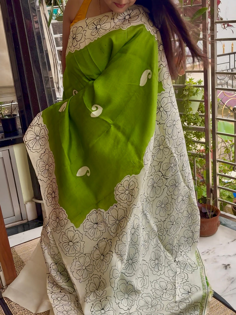 Hand Painted Saree on Pure Silk — Green 11
