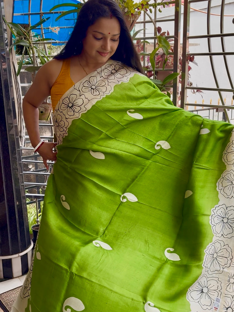 Hand Painted Saree on Pure Silk — Green 11