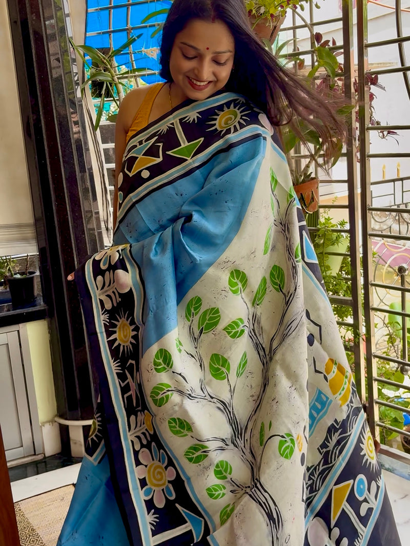 Hand Painted Saree on Pure Silk — Blue 15