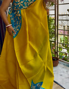 Hand Painted Saree on Pure Silk — Yellow & Blue 16