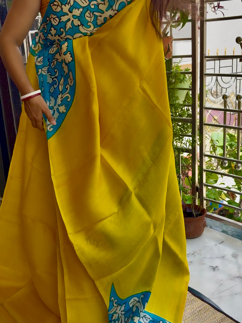 Hand Painted Saree on Pure Silk — Yellow & Blue 16