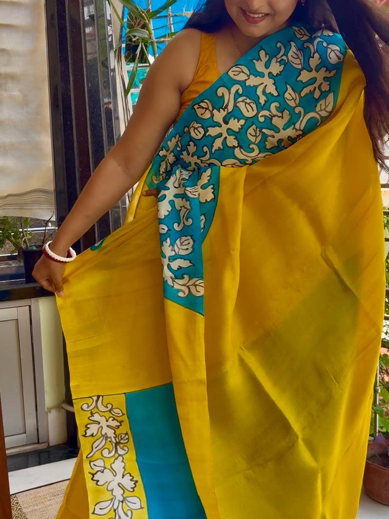 Hand Painted Saree on Pure Silk — Yellow & Blue 16
