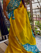 Hand Painted Saree on Pure Silk — Yellow & Blue 16