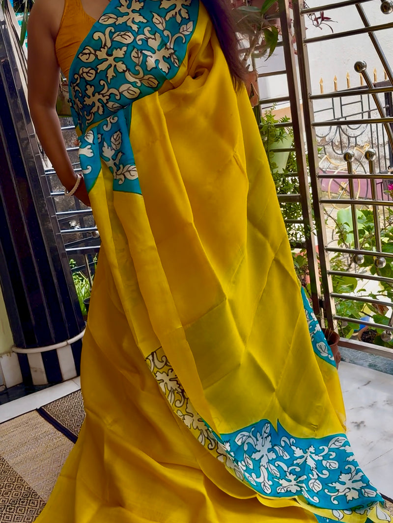 Hand Painted Saree on Pure Silk — Yellow & Blue 16