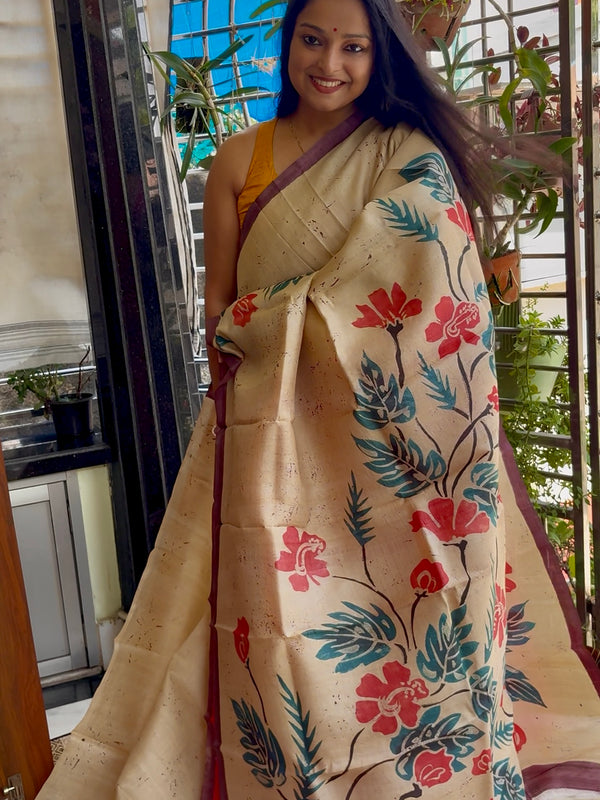 Hand Painted Saree on Pure Tussar Silk — Beige 02