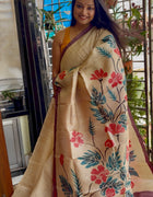 Hand Painted Saree on Pure Tussar Silk — Beige 02
