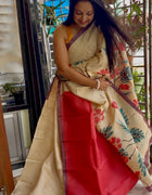 Hand Painted Saree on Pure Tussar Silk — Beige 02