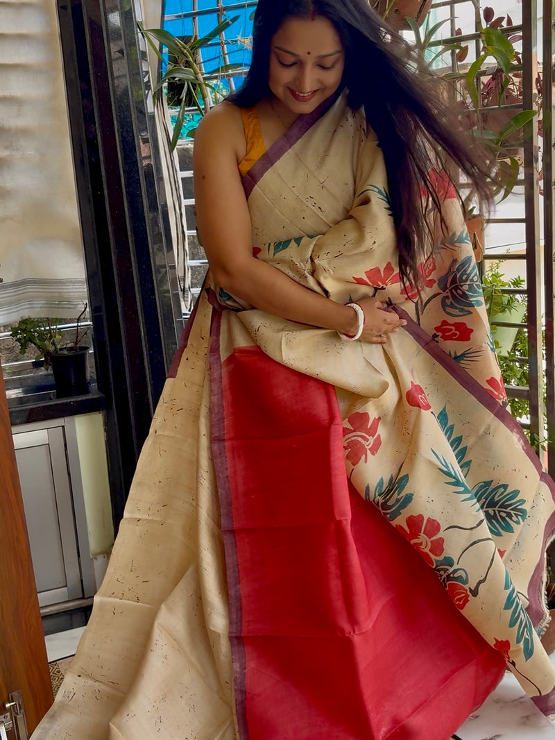 Hand Painted Saree on Pure Tussar Silk — Beige 02