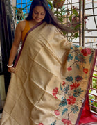 Hand Painted Saree on Pure Tussar Silk — Beige 02