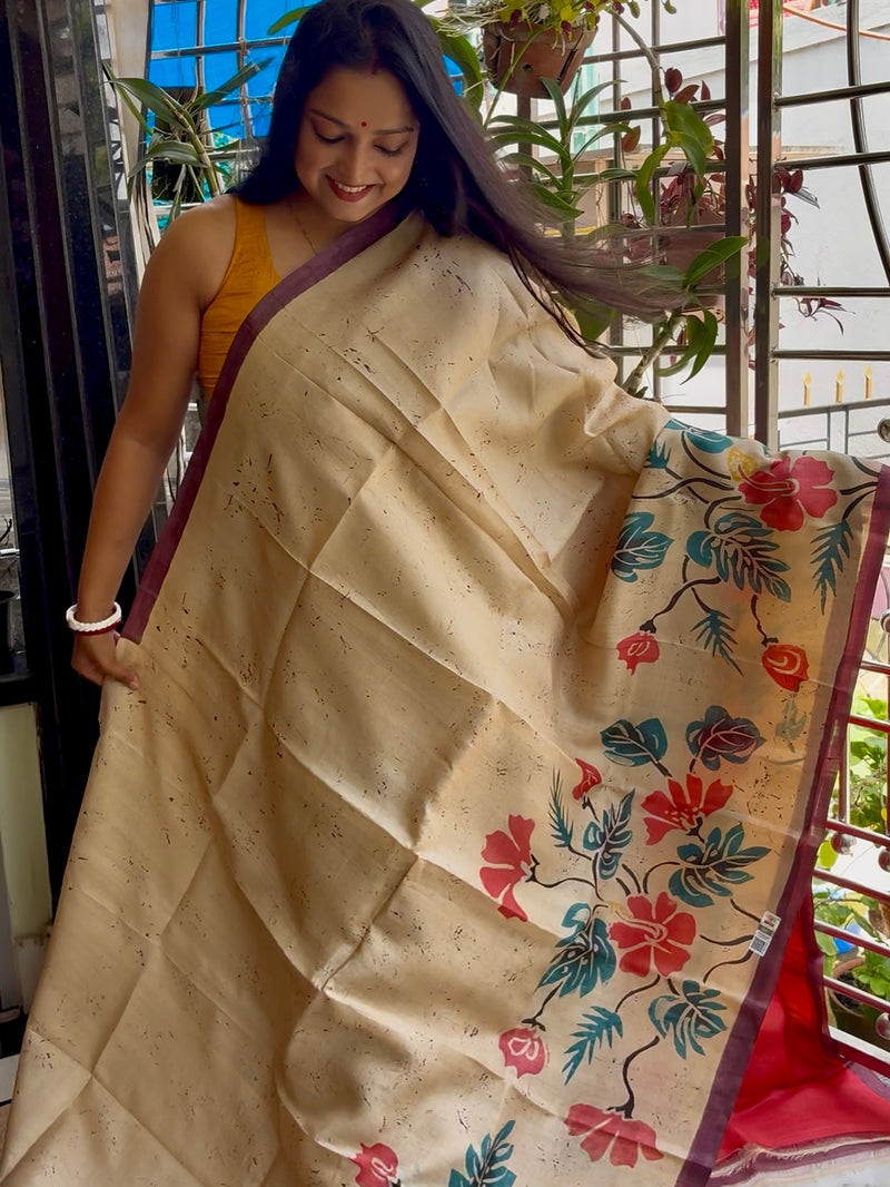 Hand Painted Saree on Pure Tussar Silk — Beige 02
