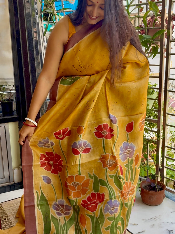 Hand Painted Saree on Pure Tussar Silk — Yellow 01