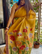Hand Painted Saree on Pure Tussar Silk — Yellow 01