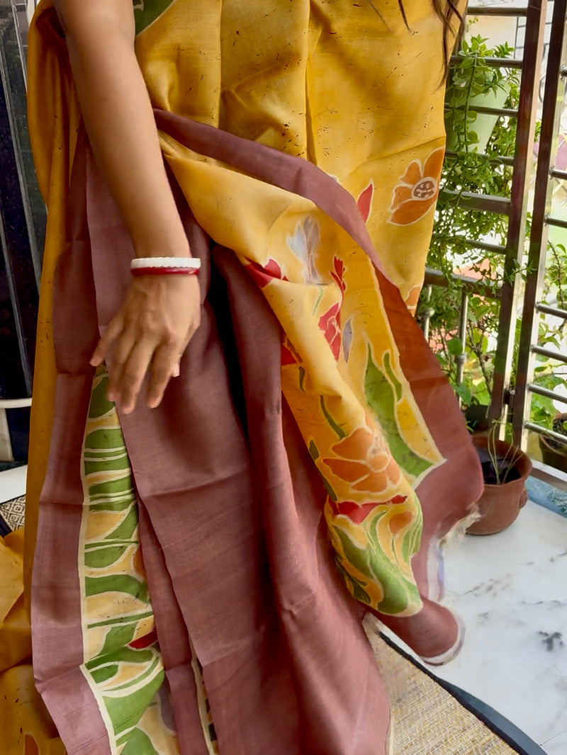 Hand Painted Saree on Pure Tussar Silk — Yellow 01
