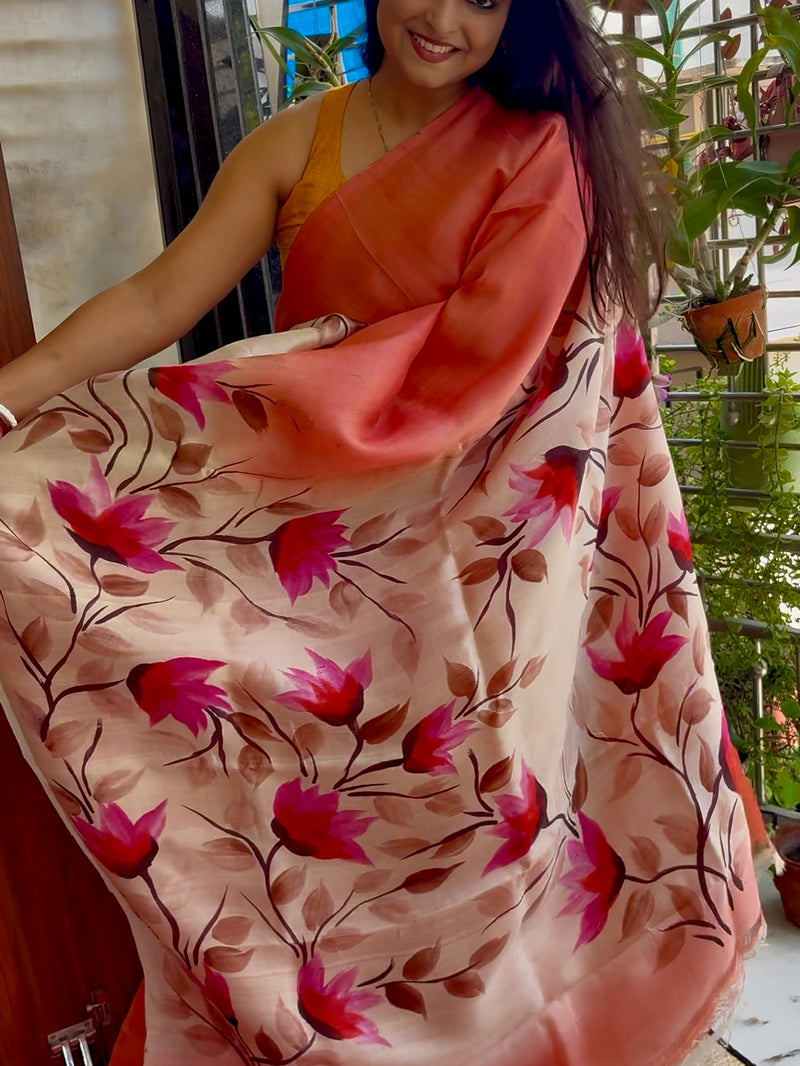 Hand Painted Saree on Pure Silk — Pink 05