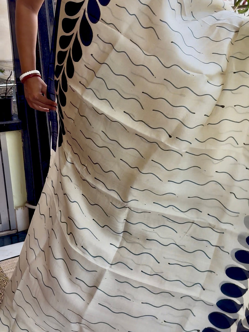 Hand Painted Saree on Pure Silk — White & Black 03