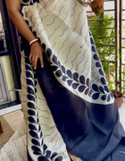 Hand Painted Saree on Pure Silk — White & Black 03