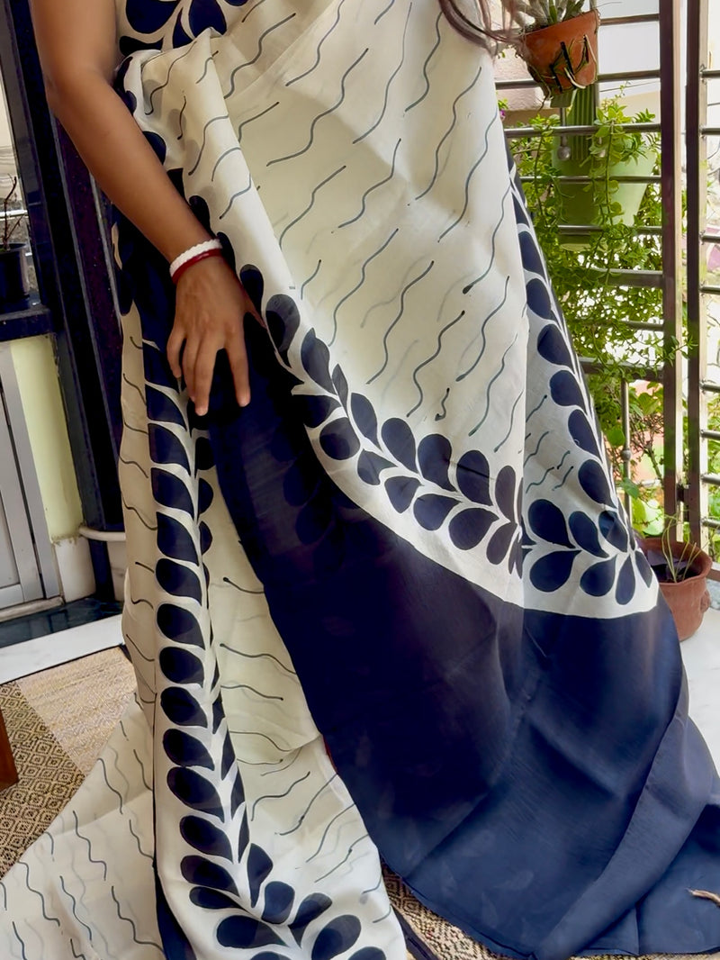 Hand Painted Saree on Pure Silk — White & Black 03