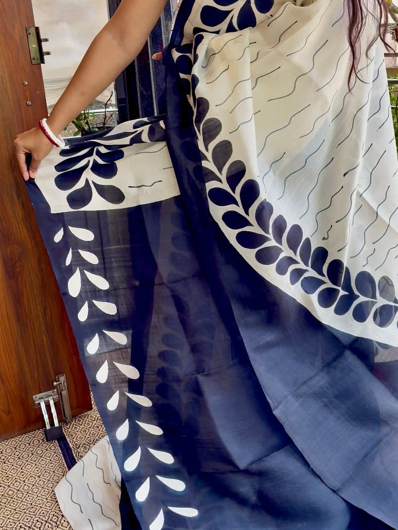 Hand Painted Saree on Pure Silk — White & Black 03