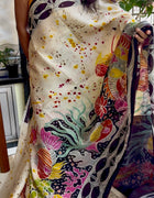 Hand Painted Saree on Pure Tussar Silk — Beige & White 03