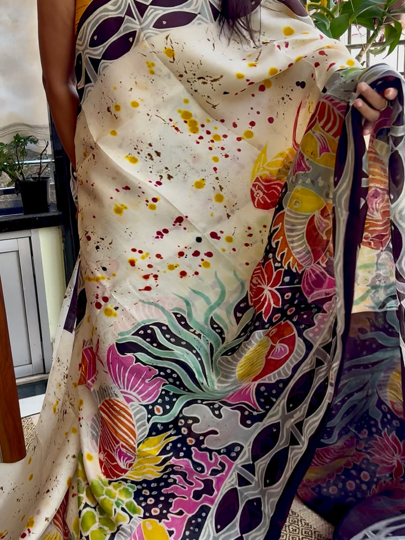 Hand Painted Saree on Pure Tussar Silk — Beige & White 03