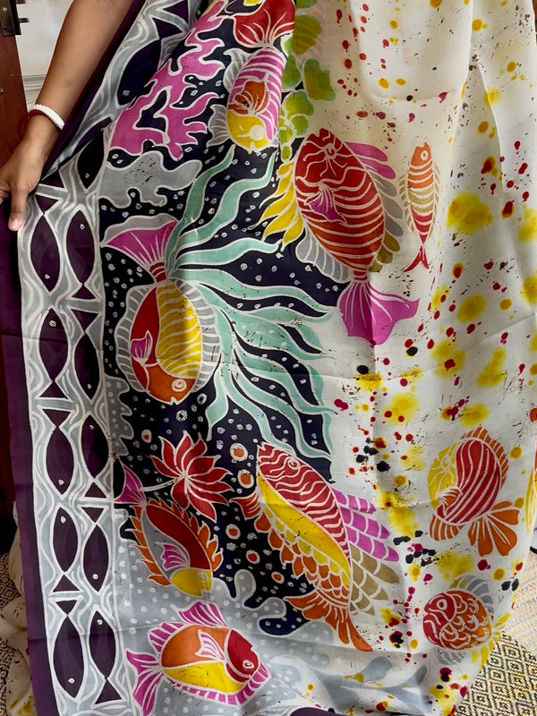 Hand Painted Saree on Pure Tussar Silk — Beige & White 03