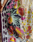 Hand Painted Saree on Pure Tussar Silk — Beige & White 03