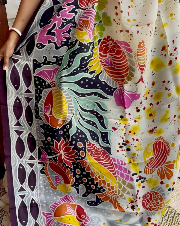 Hand Painted Saree on Pure Tussar Silk — Beige & White 03