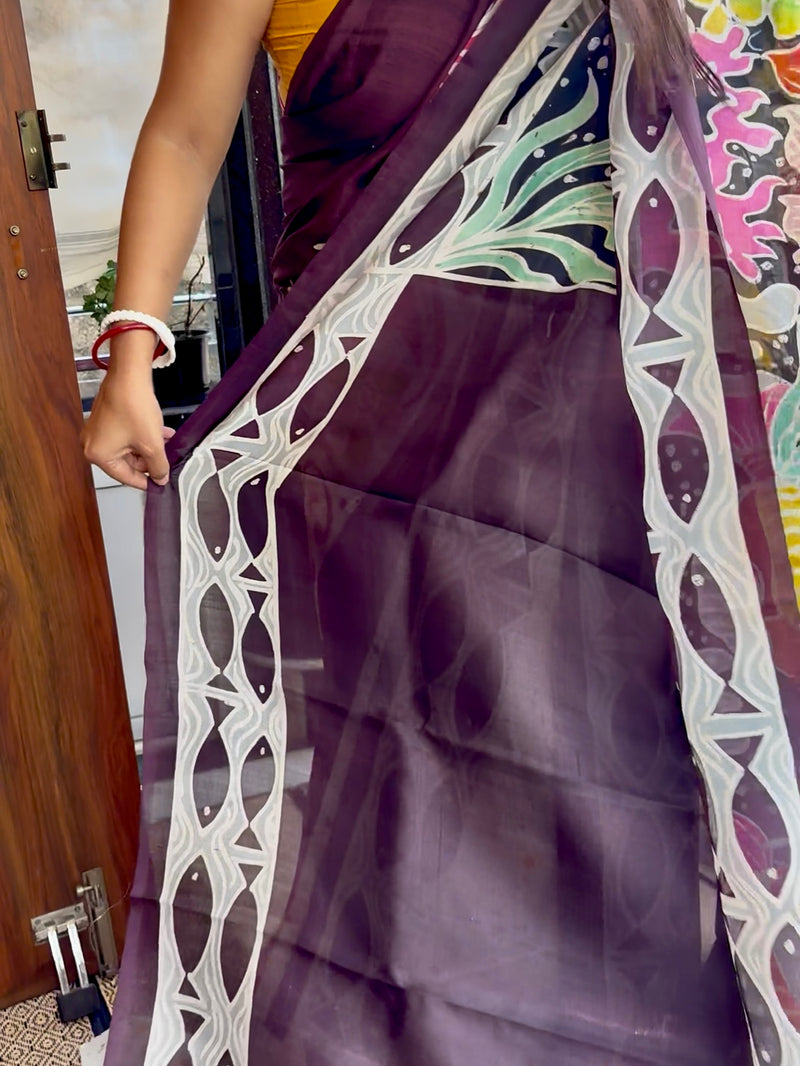 Hand Painted Saree on Pure Tussar Silk — Beige & White 03