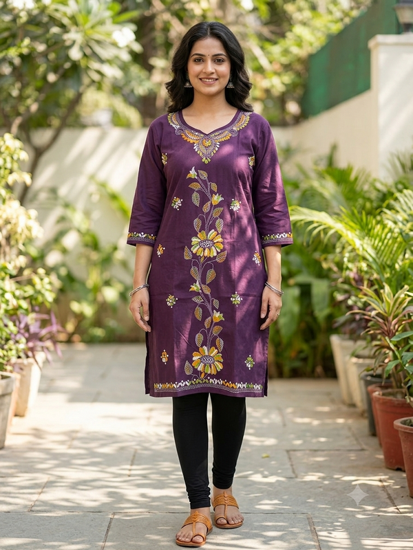 Stitched Kurti on Kantha Work — Purple 01