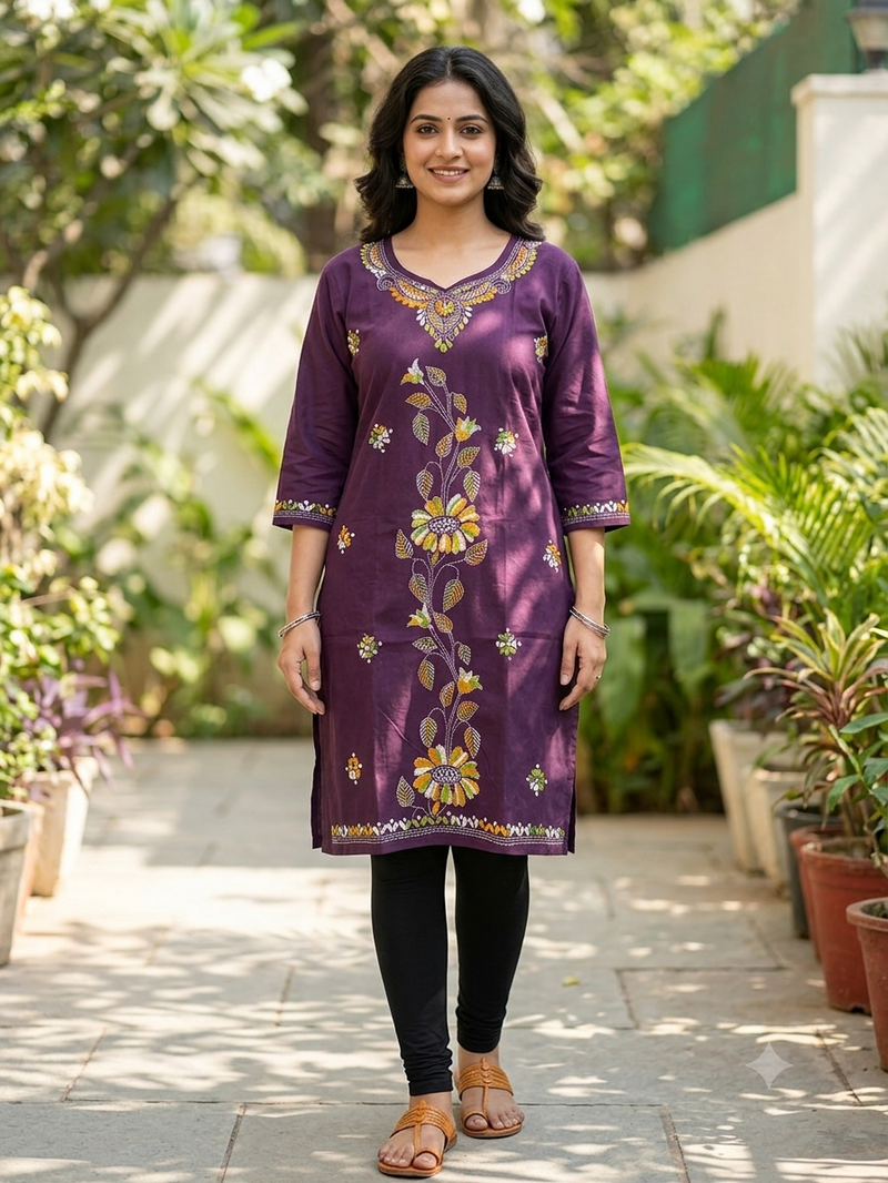 Stitched Kurti on Kantha Work — Purple 01