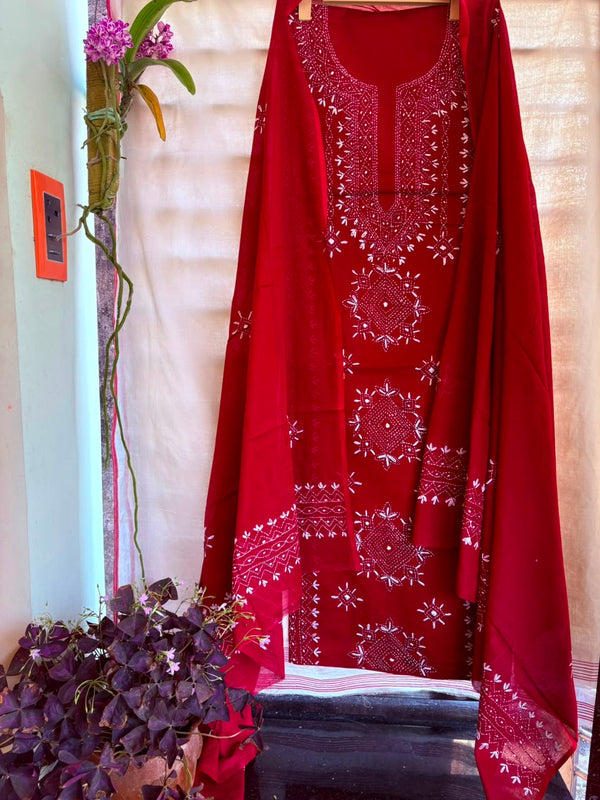 Lucknawi Embroidery Suit in Pure Cotton