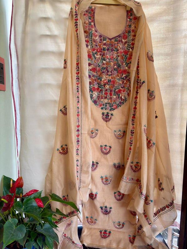 Hand Embroidered 3 Pc Unstitched Set in Cotton Chanderi