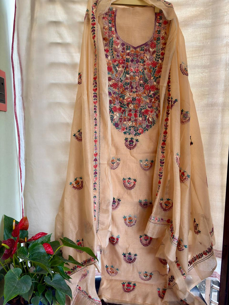 Hand Embroidered 3 Pc Unstitched Set in Cotton Chanderi