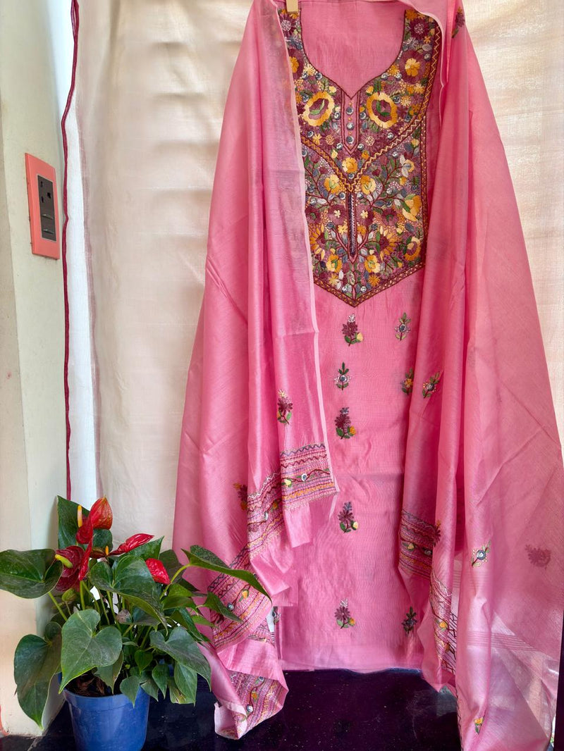 Hand Embroidered 3 Pc Unstitched Set in Cotton Chanderi