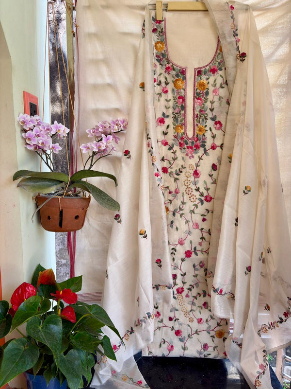 Hand Embroidered 3 Pc Unstitched Set in Cotton Chanderi
