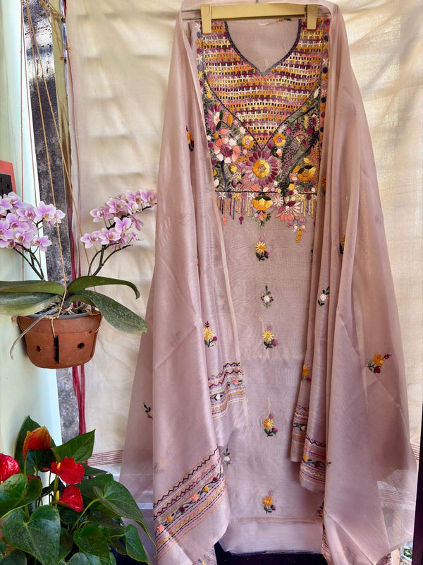 Hand Embroidered 3 Pc Unstitched Set in Cotton Chanderi
