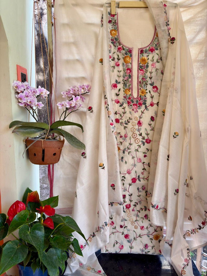 Hand Embroidered 3 Pc Unstitched Set in Cotton Chanderi
