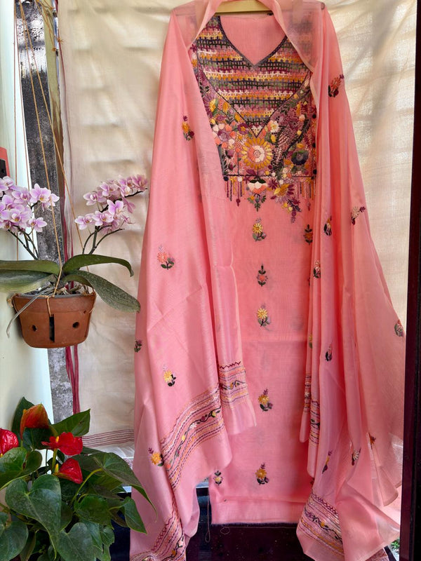 Hand Embroidered 3 Pc Unstitched Set in Cotton Chanderi