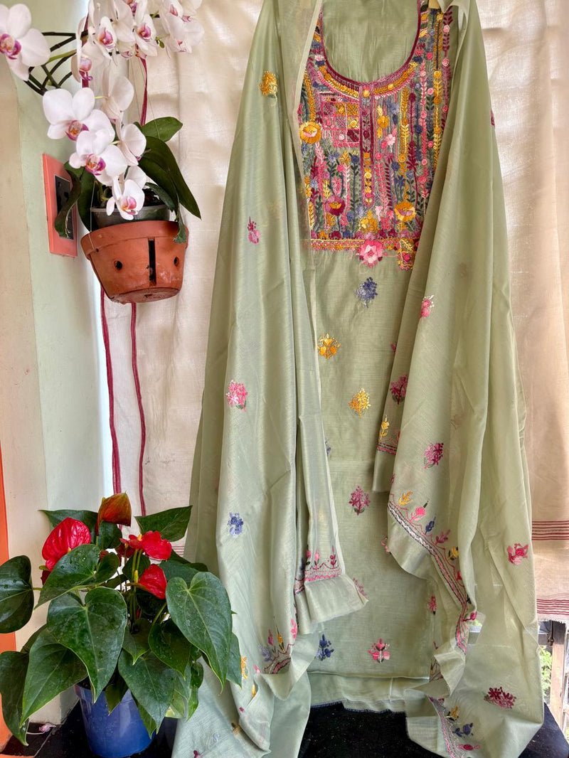 Hand Embroidered 3 Pc Unstitched Set in Cotton Chanderi