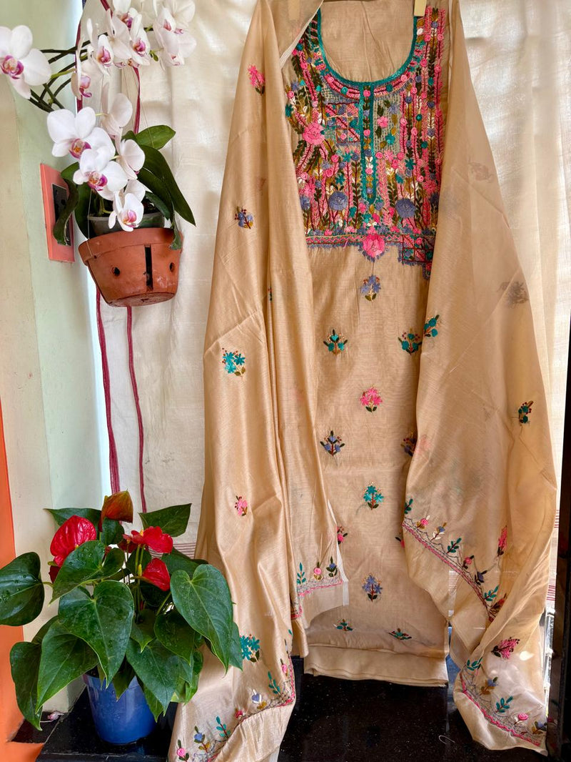 Hand Embroidered 3 Pc Unstitched Set in Cotton Chanderi