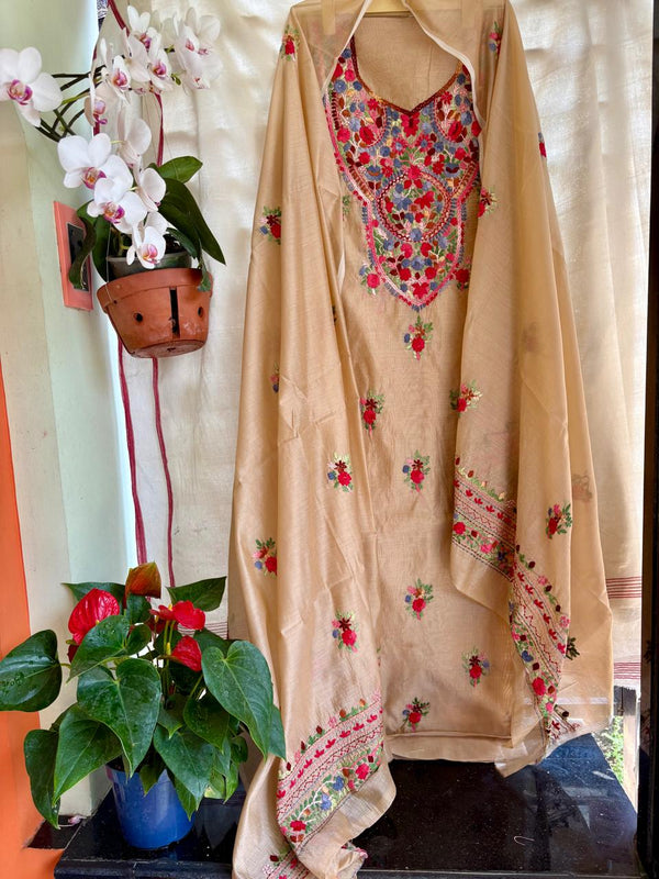 Hand Embroidered 3 Pc Unstitched Set in Cotton Chanderi