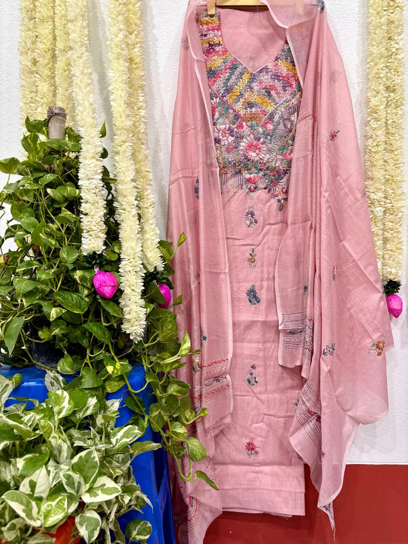 Hand Embroidered 3 Pc Unstitched Set in Cotton Chanderi