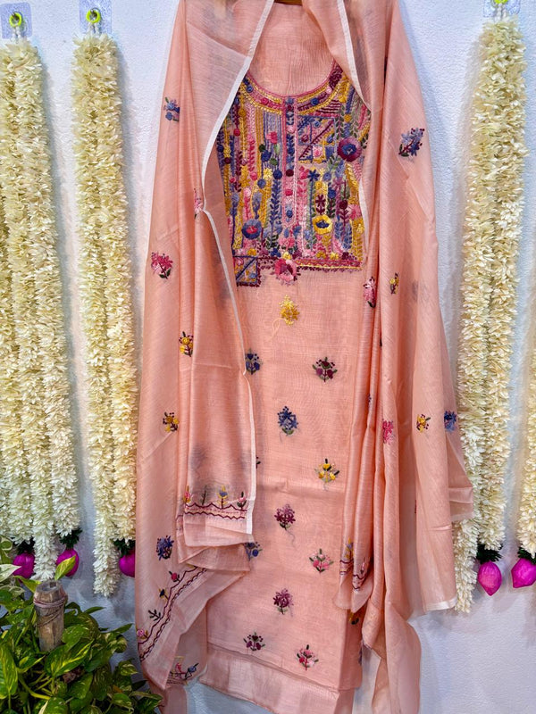 Hand Embroidered 3 Pc Unstitched Set in Cotton Chanderi