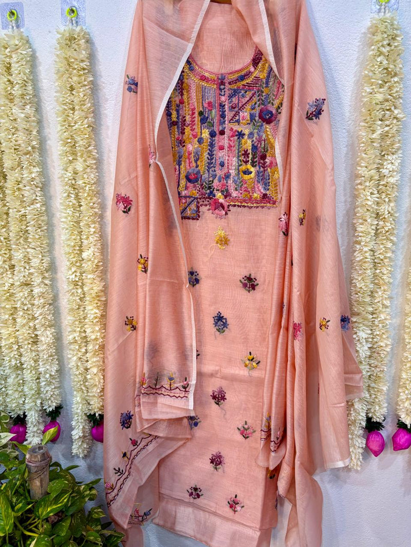 Hand Embroidered 3 Pc Unstitched Set in Cotton Chanderi