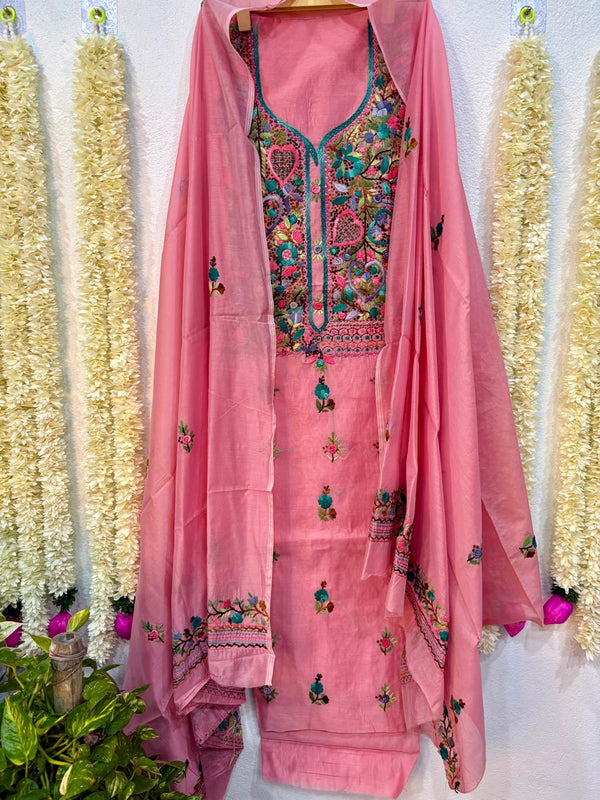 Hand Embroidered 3 Pc Unstitched Set in Cotton Chanderi