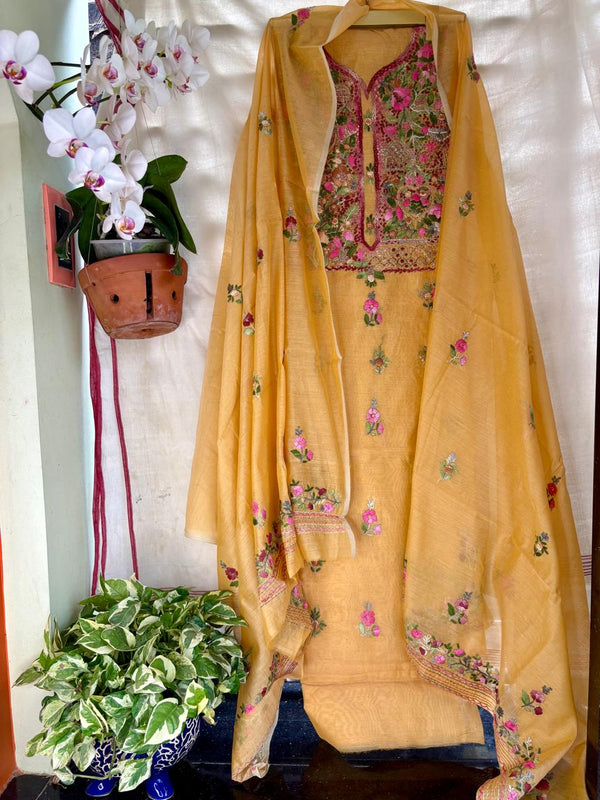 Hand Embroidered 3 Pc Unstitched Set in Cotton Chanderi