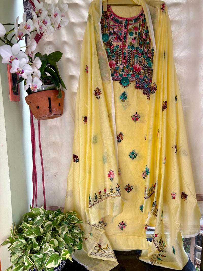 Hand Embroidered 3 Pc Unstitched Set in Cotton Chanderi